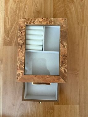 Target Burl Wood Jewelry Organizer with Glass Top and Gold Accent